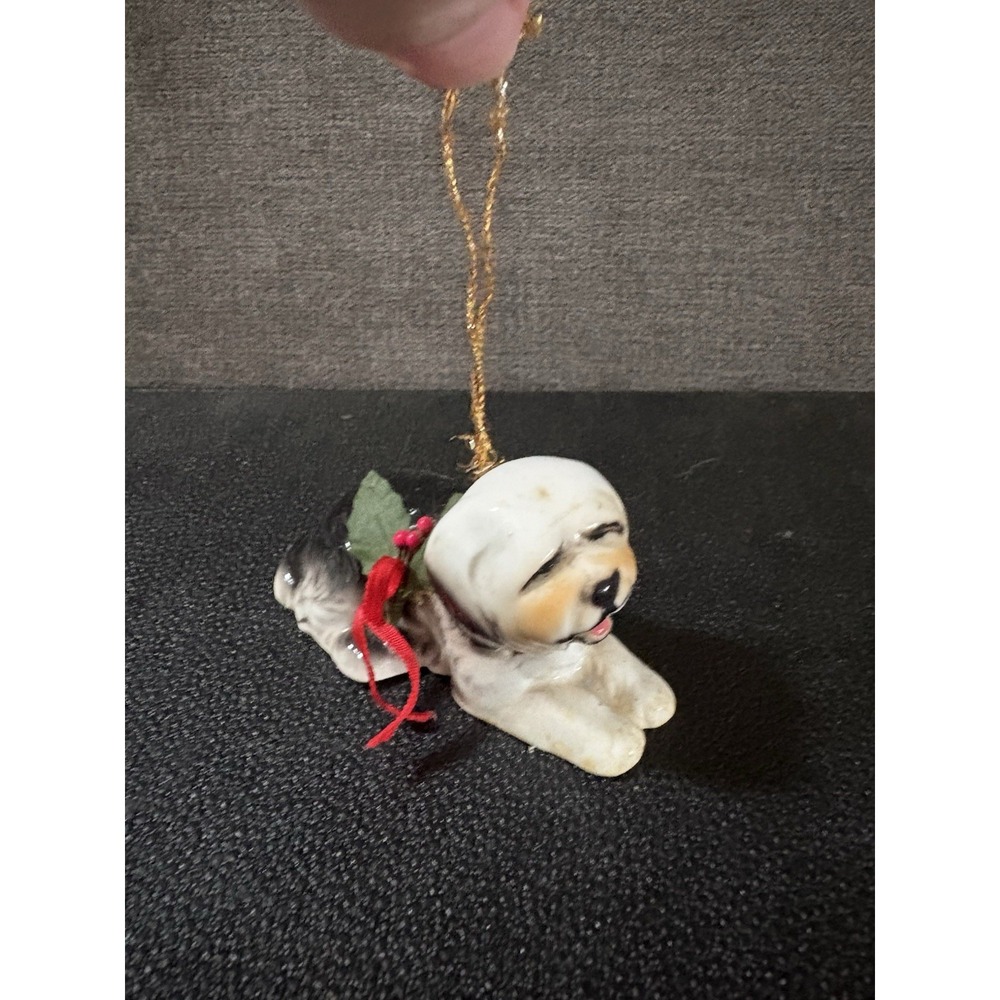 VINTAGE  SheepDog‎ Sheep Dog Puppy Porcelain Christmas Ornament Enesco 3" long